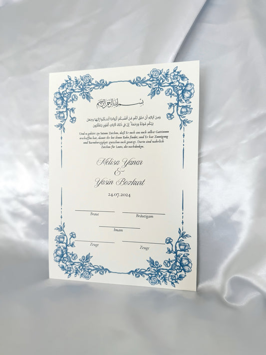 Nikah Zertifikat mit blauem Blumenrahmen