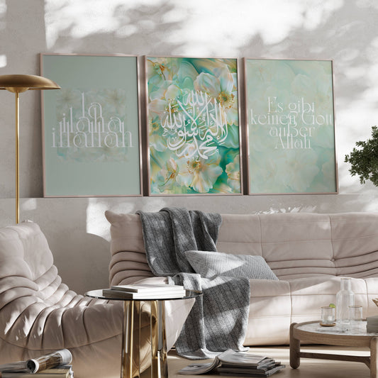 Grünes la ilaha illallah Posterset mit Blumen