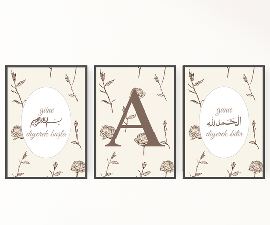 Cicekli Bismillah Elhamdulillah kiz odasi poster seti