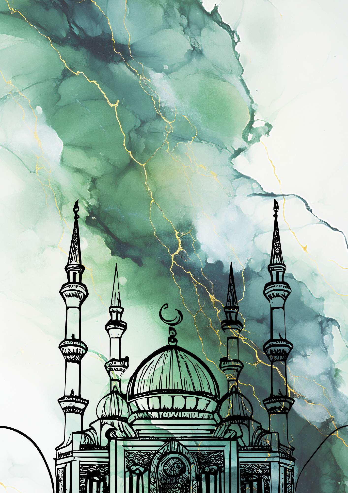Grün marmoriertes Posterset mit Moschee und betenden Händen