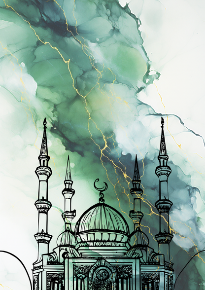 Grün marmoriertes Posterset mit Moschee und betenden Händen