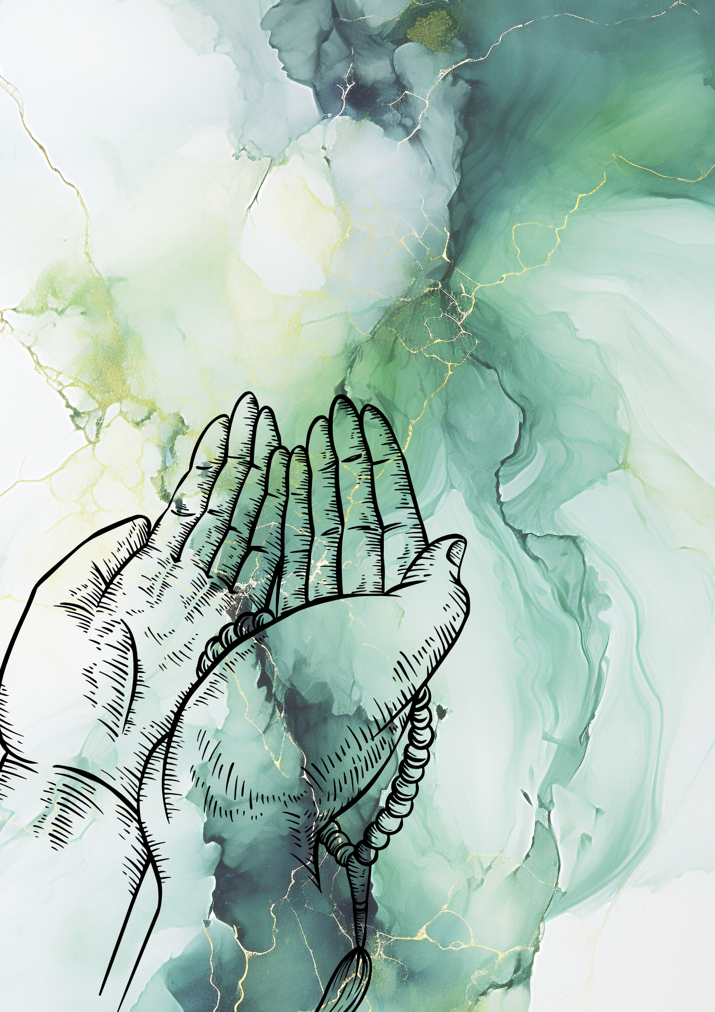 Grün marmoriertes Posterset mit Moschee und betenden Händen