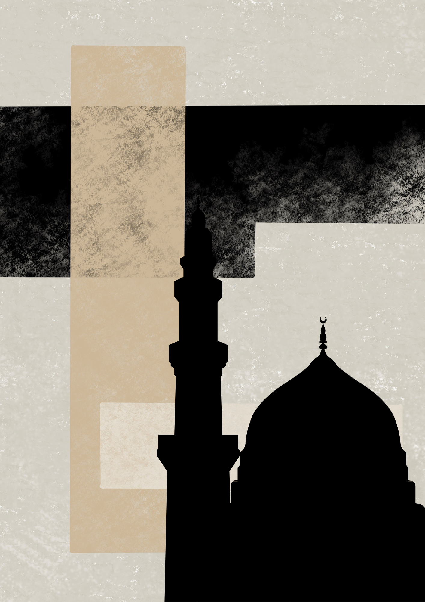 Abstrakt beiges Posterset mit Moschee und Kalligraphie