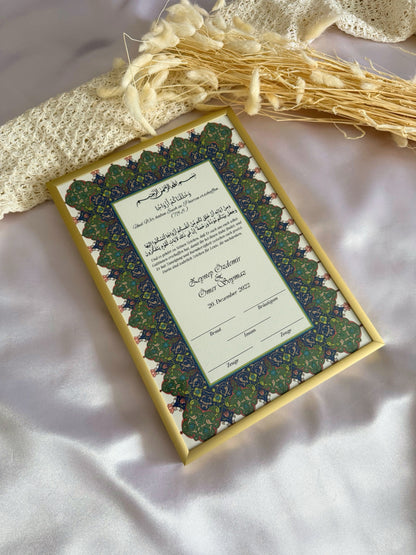 Nikah Zertifikat mit braun-blauem Rahmen