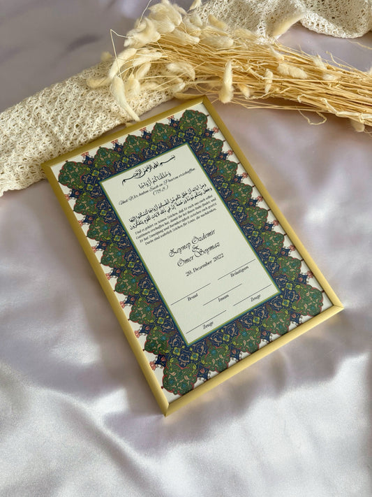 Nikah Zertifikat mit braun-blauem Rahmen