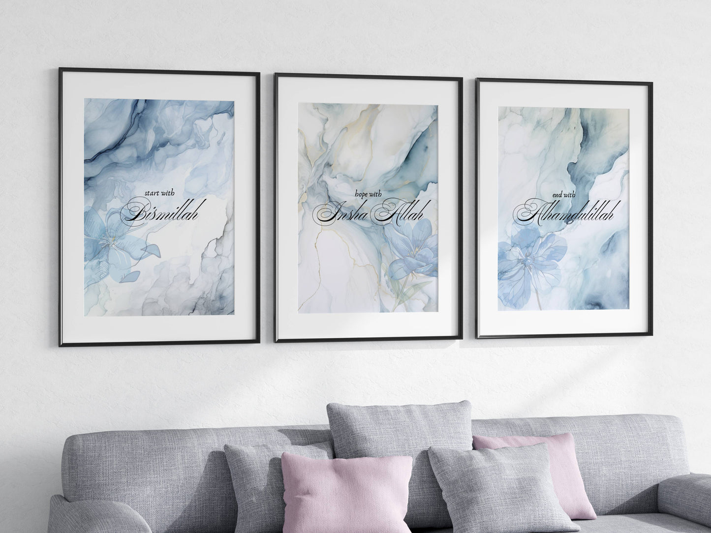 Blaues Posterset mit Marmormuster und Blumen