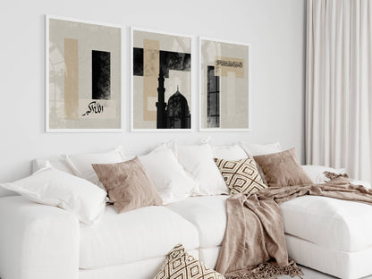 Abstrakt beiges Posterset mit Moschee und Kalligraphie