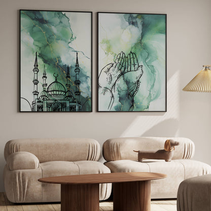 Grün marmoriertes Posterset mit Moschee und betenden Händen
