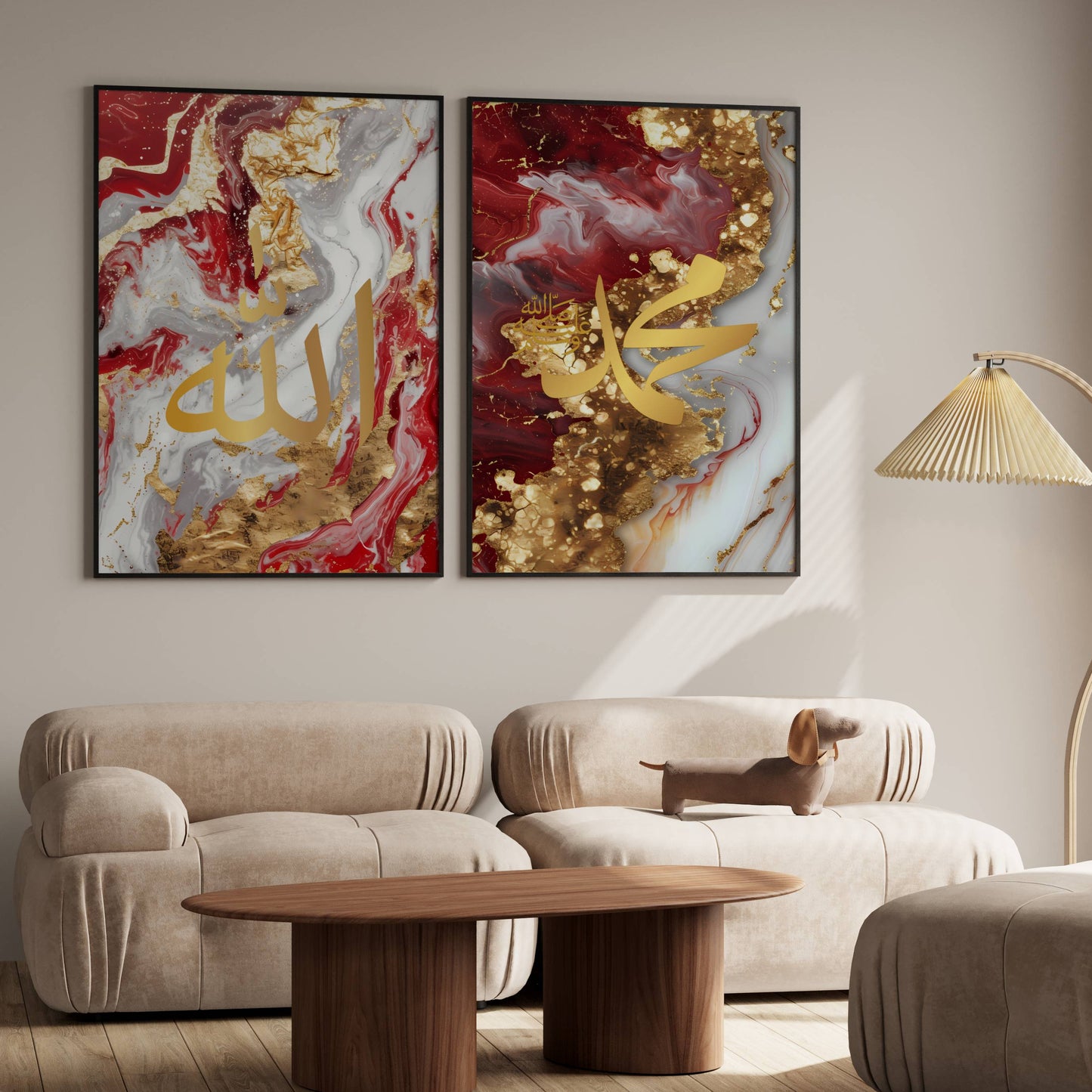 Rot marmoriertes Posterset mit Allah und Prophet Muhammad (saw)