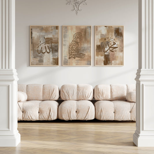 Braunes Allah Muhammad saw Posterset mit Mann in Gebetsstellung