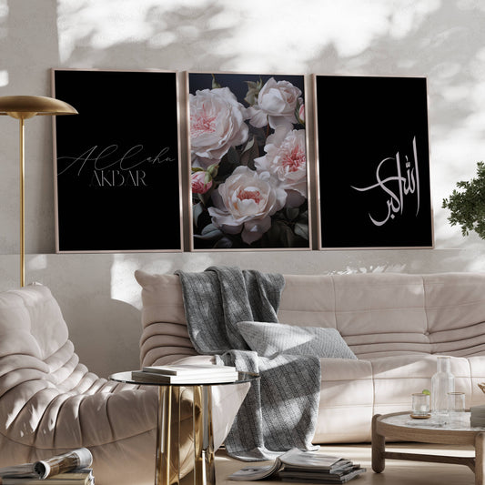 Schwarzes Allahu Akbar Posterset mit Blumen