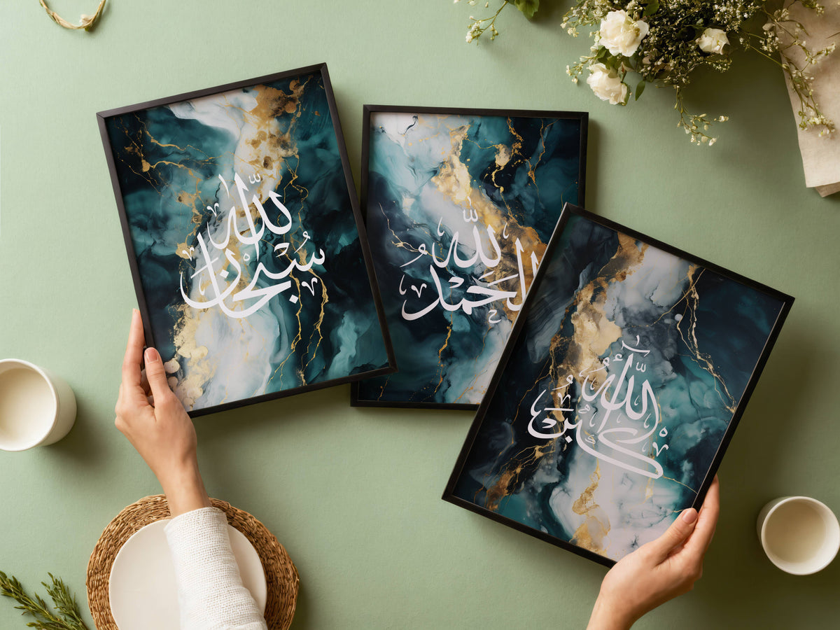 Grün marmoriertes Posterset - Subhanallah, Alhamdulillah und Allahu Akbar